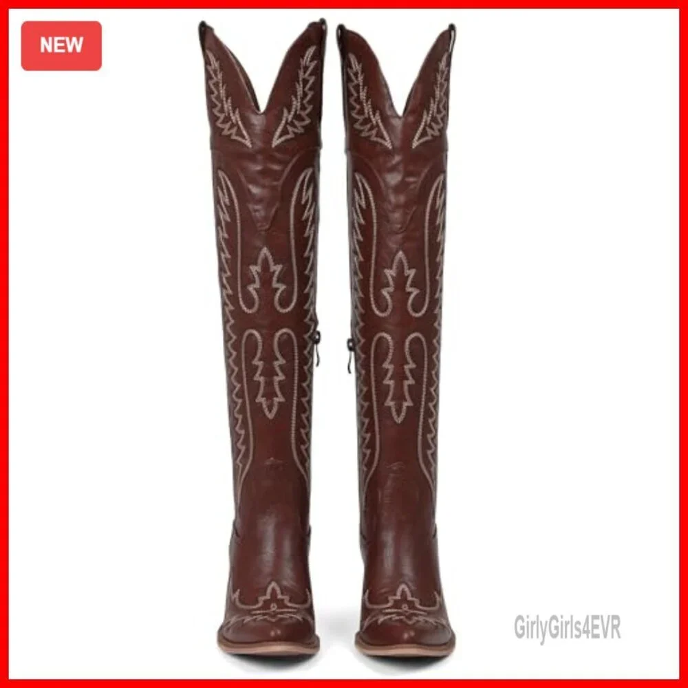 Leather Over-the-Knee Cowboy Boots with Chunky Heel Slip-On Zipper